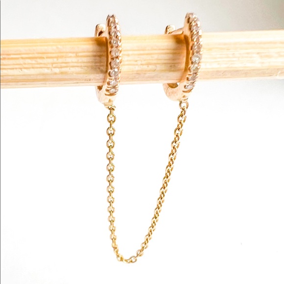 Double Piercing Diamond Huggie with Chain in 14K Yellow Gold - Picture 2 of 8